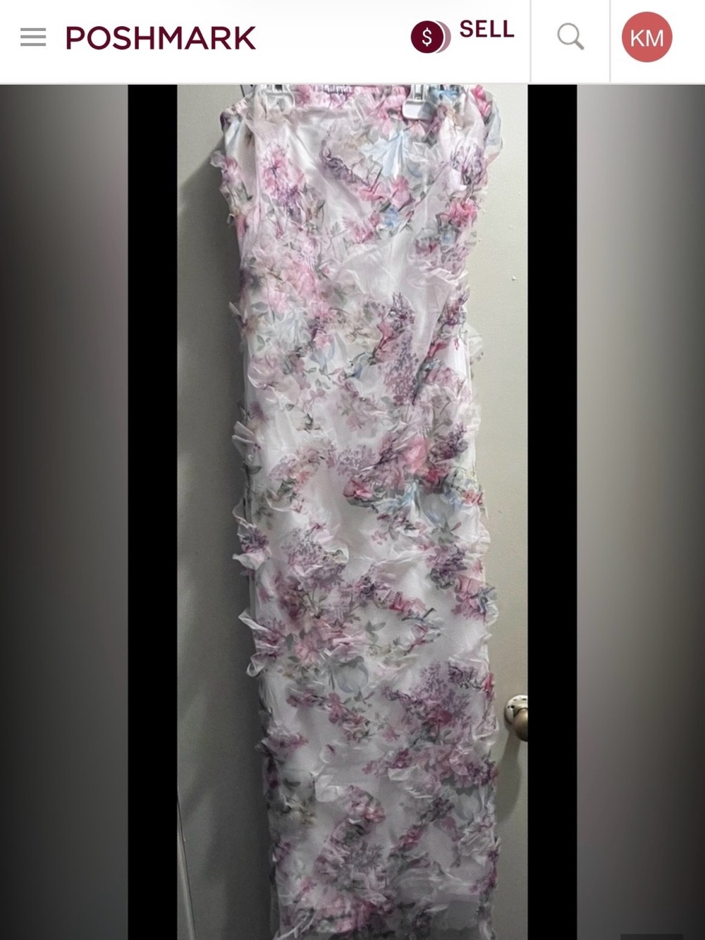 SHEIN White Strapless Maxi Dress with Pink Floral 3D Appliqué